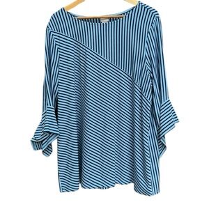 Chicos Women’s  Stripped Asymmetrical Bell Sleeve Aqua Blue/Navy Blue Blouse SZ3